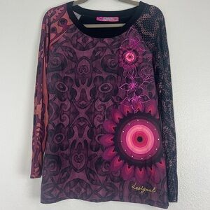 Desigual | y2k Pink Black Long Sleeve Top Art To Wear Patterned Whimsigoth L